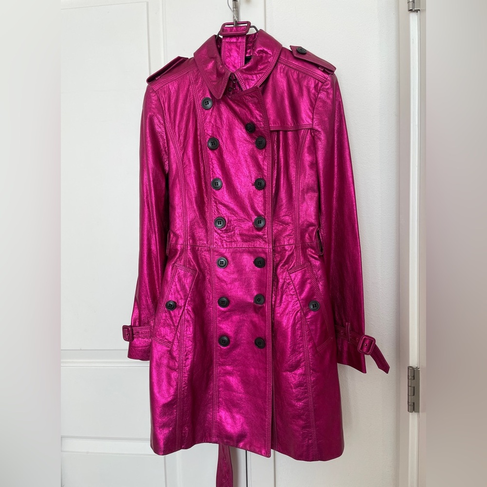 Burberry Fuchsia Metallic Pink Leather Trench Coat Size:US 8(runs small) - Picture 3 of 10